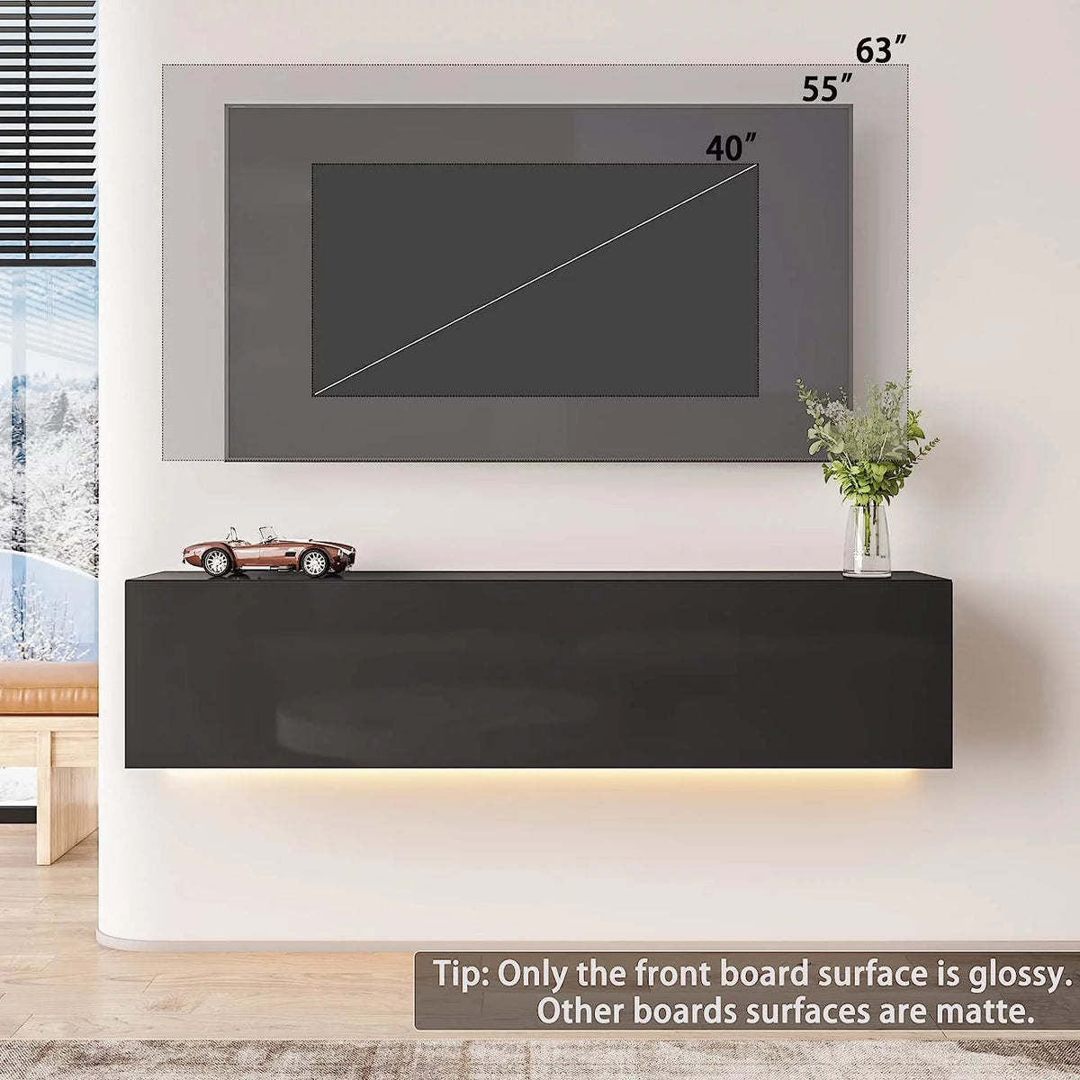 White Floating TV Stand with LED Lights and Storage R78594