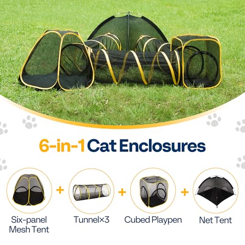 6-in-1 Outdoor Cat Enclosure with Playhouse, 2 Tents & 3 Tunnels Q4077