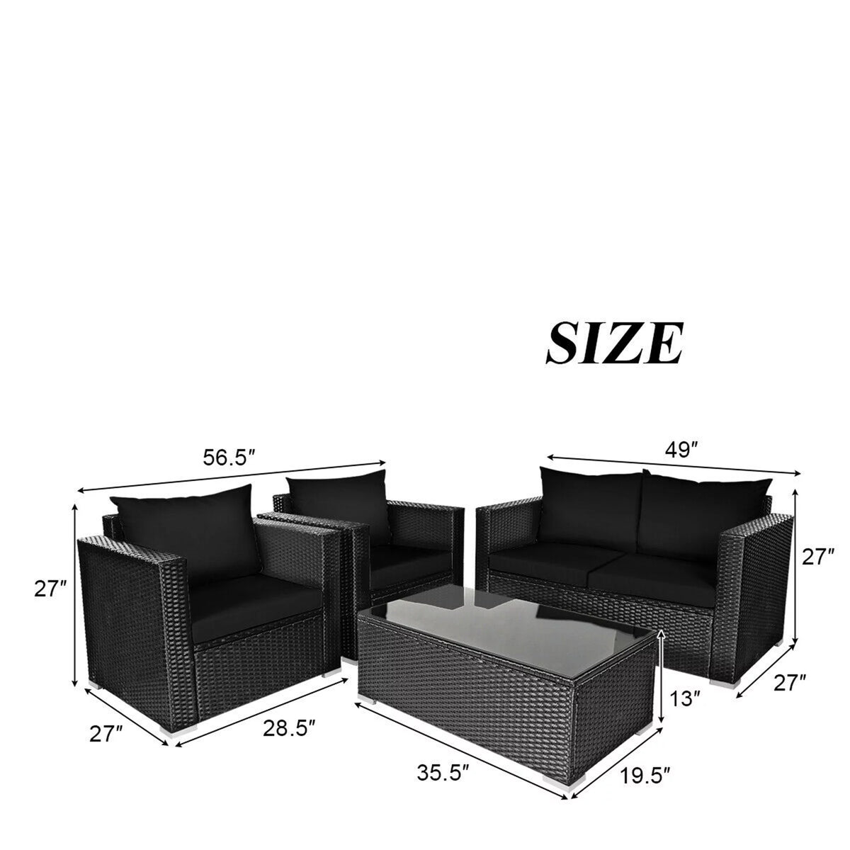8 Pcs Rattan Patio Conversation Set with Black Cushions A8824