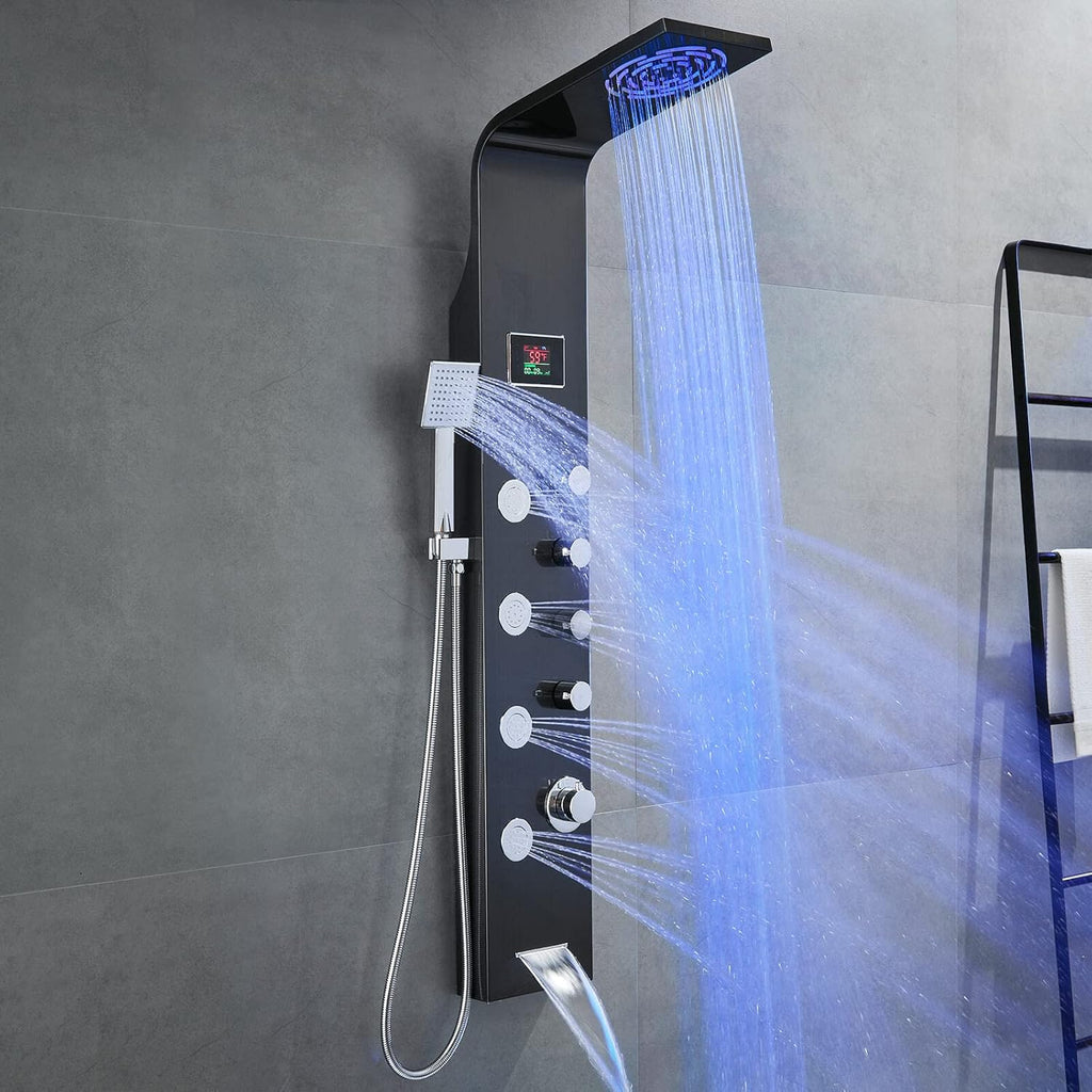 Shower Panel Tower with Rainfall Shower Head, 4 Body Jets, Handheld and Tub Spout, Stainless Steel Y498154