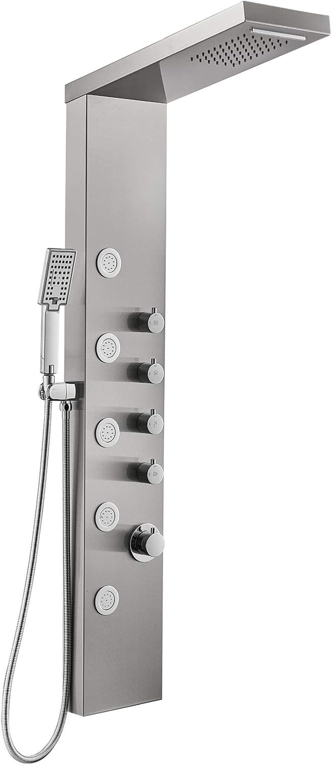 Shower Panel Tower with Rainfall Shower Head, 4 Body Jets, Handheld and Tub Spout, Stainless Steel Y498154