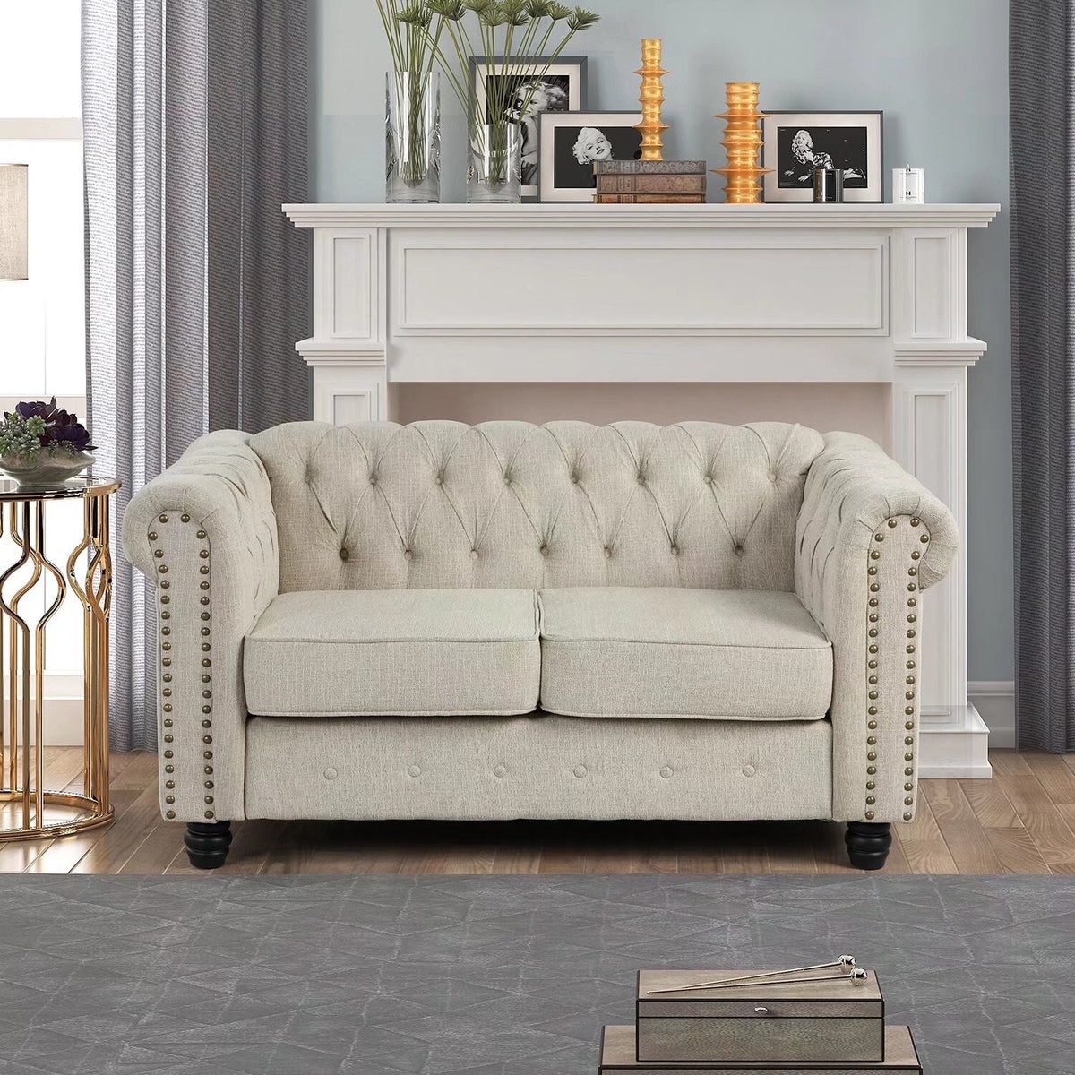 Upholstered Fabric Linen Grey Chesterfield Sofa 3 PCS M108