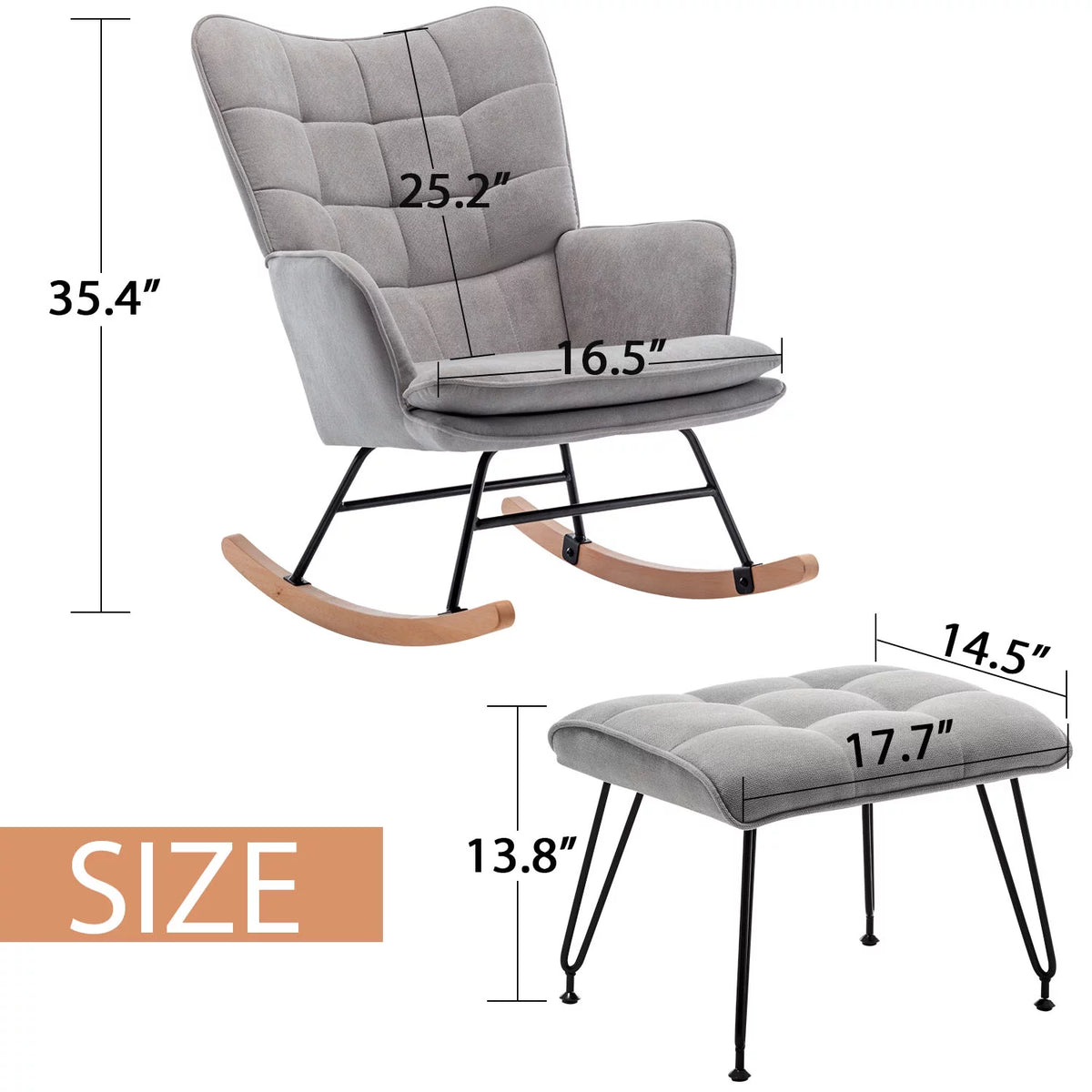 Gray Linen Fabric Rocking Chair with Ottoman B86624
