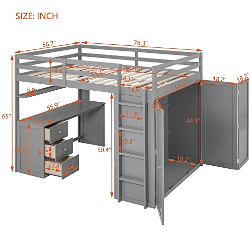 Full Loft Bed with Desk Wardrobe Storage Drawers White V9057