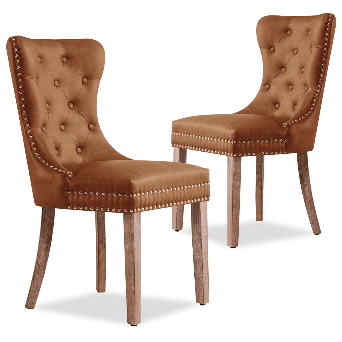 Brown PU Leather Dining Chairs with Wood Legs Set of 2 D739