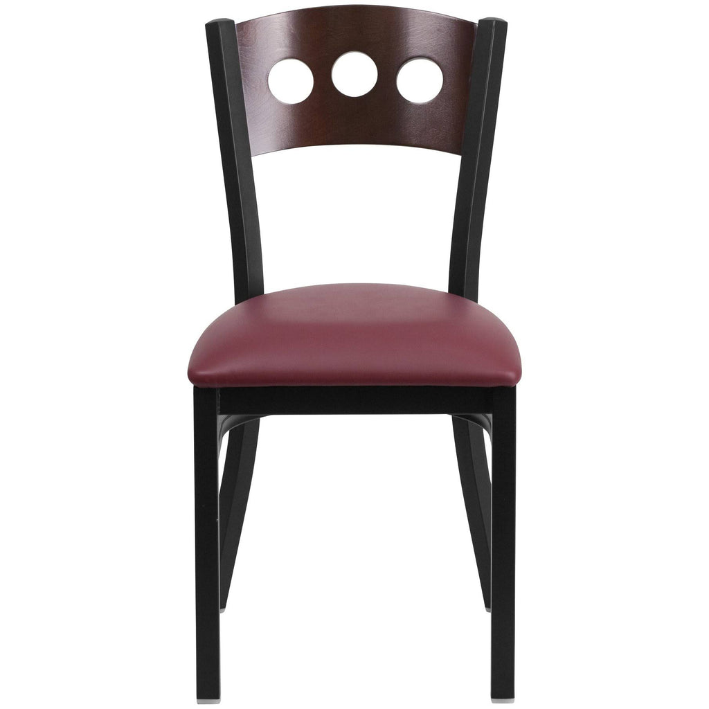 Black Metal Restaurant Chair with Walnut Wood Back and Burgundy Vinyl Seat S150009