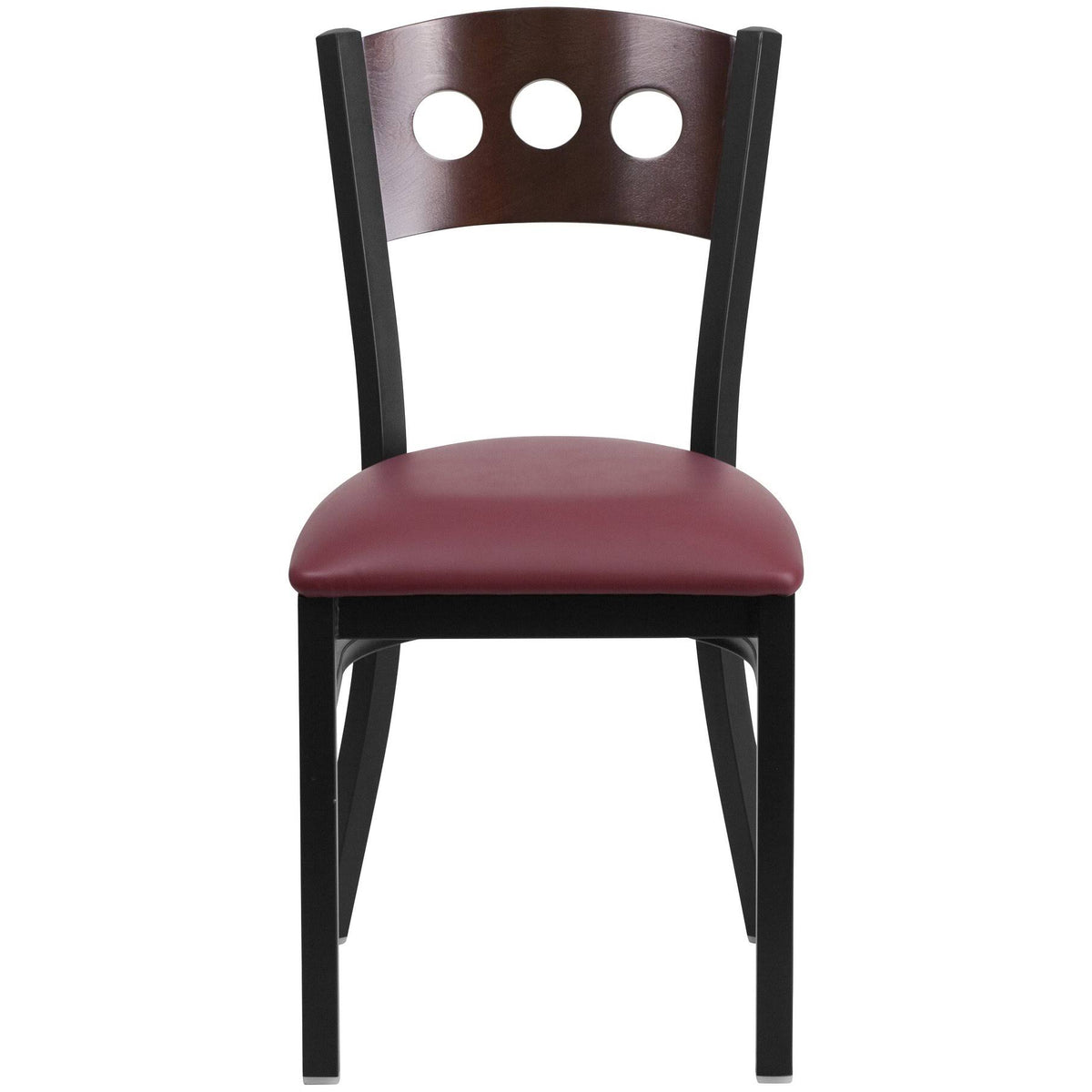 Black Metal Restaurant Chair with Walnut Wood Back and Burgundy Vinyl Seat S150009