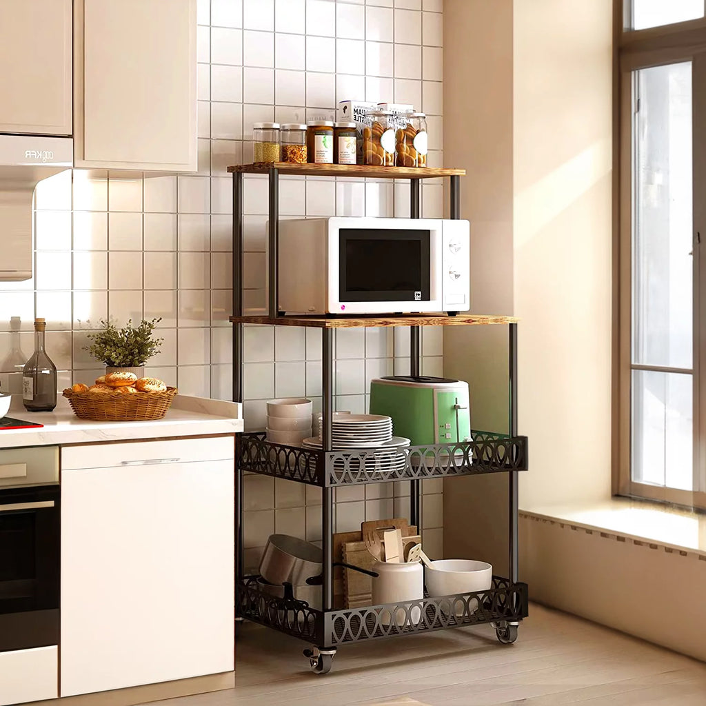 4-Tier Baker's Rack 48 inch Kitchen Storage Organizer with Metal Wheels J29898