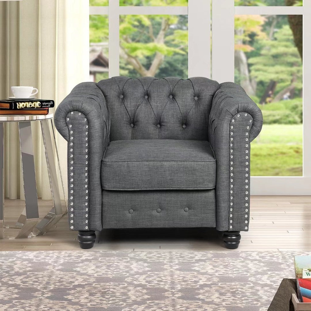 Upholstered Fabric Linen Grey Chesterfield Sofa 3 PCS M108