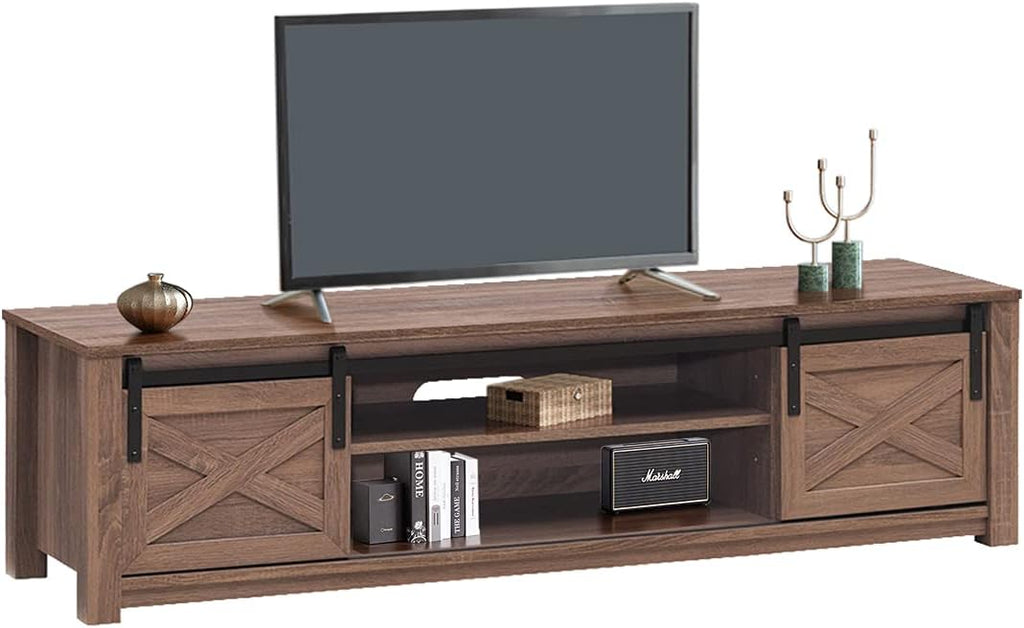 Brown Wooden TV Stand with Storage Cabinet & Sliding Barn Doors M4462