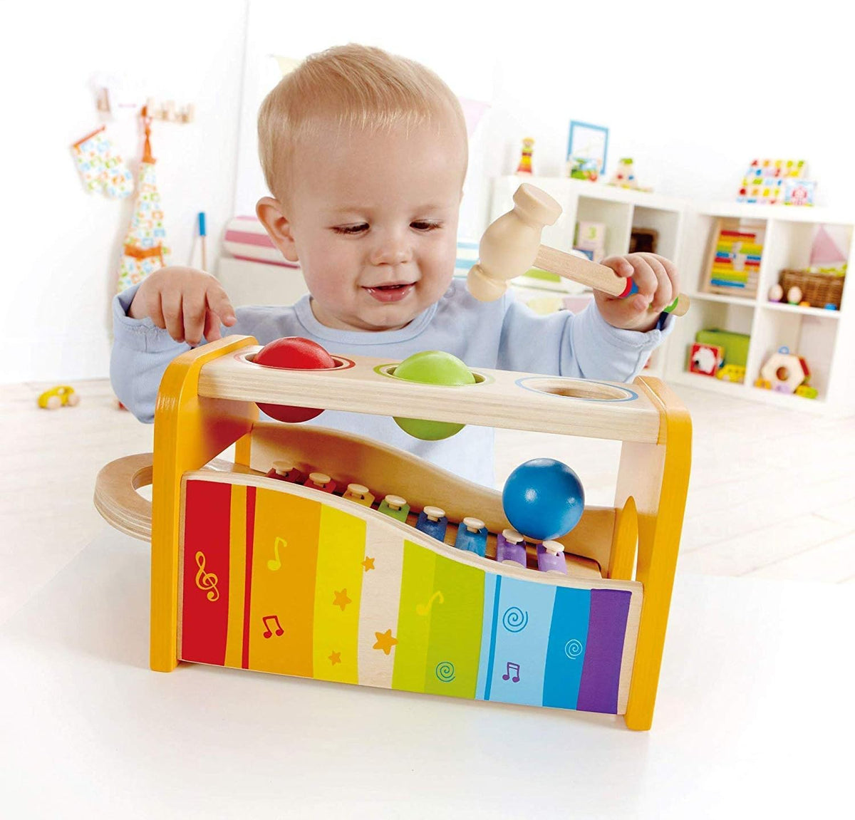 Wooden Pounding Bench, Xylophone, and Tambourine Music Set O903569