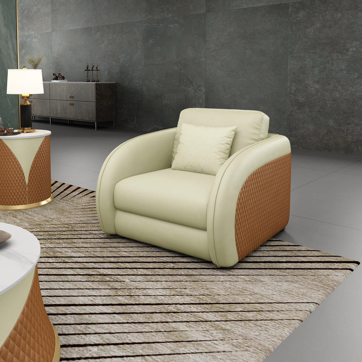 Beige Cognac Italian Leather Arm Chair K175457