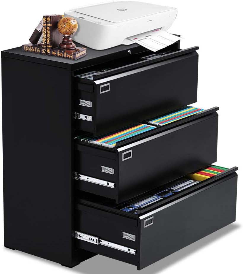 Black 3 Drawer Locking Metal Lateral File Cabinet O5879