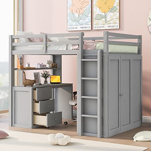 Full Loft Bed with Desk Wardrobe Storage Drawers White V9057