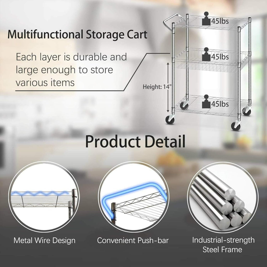 3-Tier Silver Steel Rolling Kitchen Trolley Cart with Storage Shelves S325810