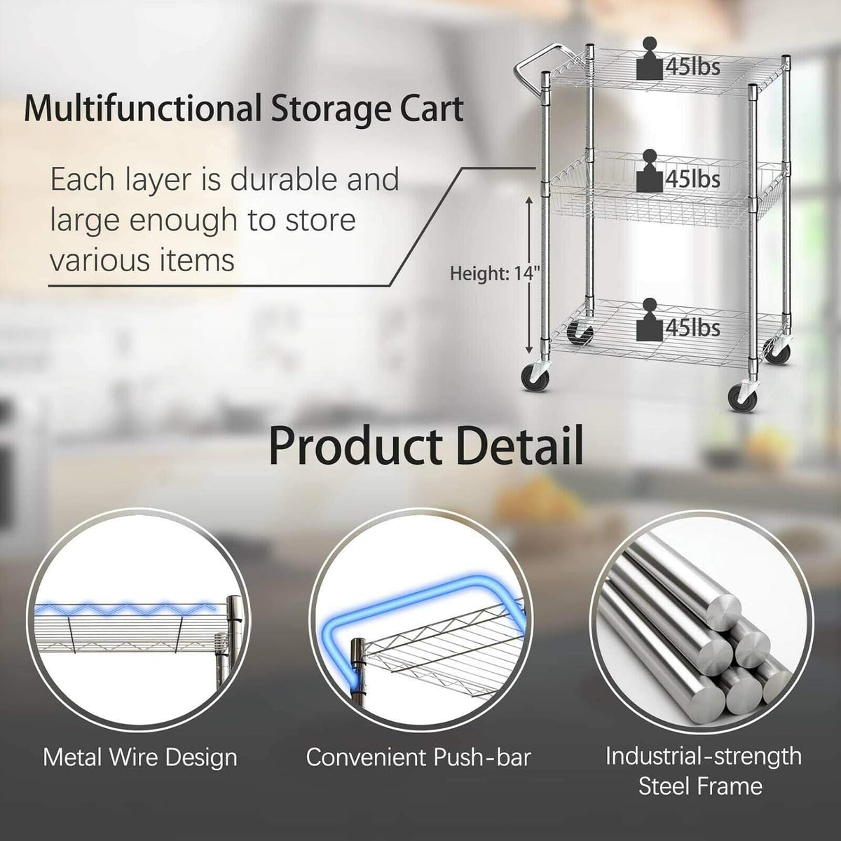 3-Tier Silver Steel Rolling Kitchen Trolley Cart with Storage Shelves S325810