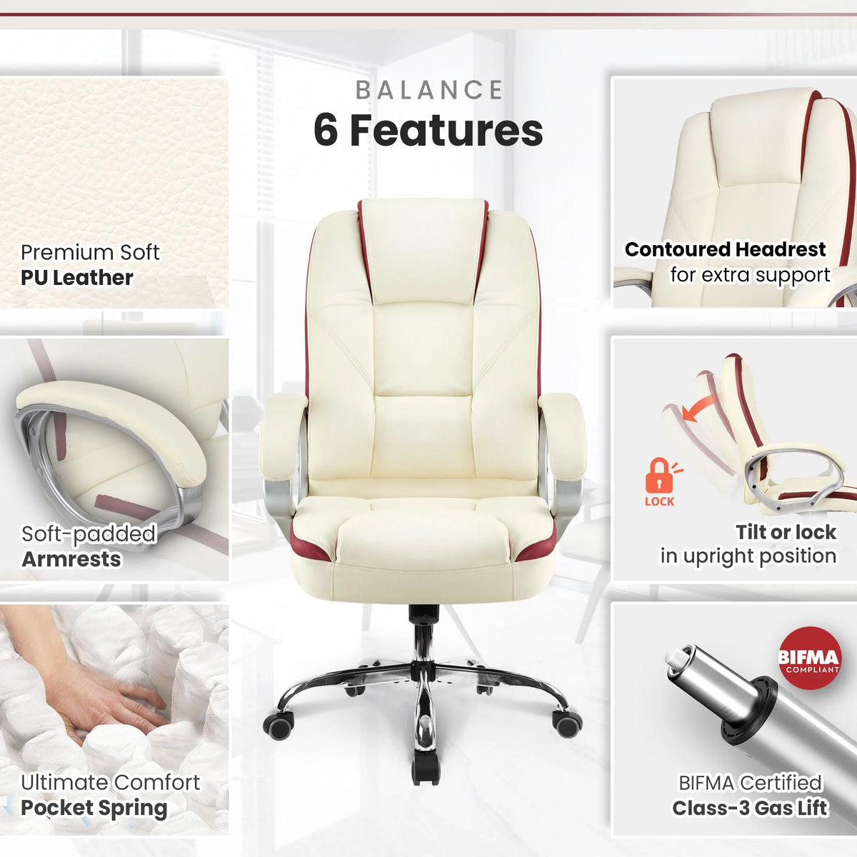 Ivory Ergonomic High Back Leather Office Chair B731