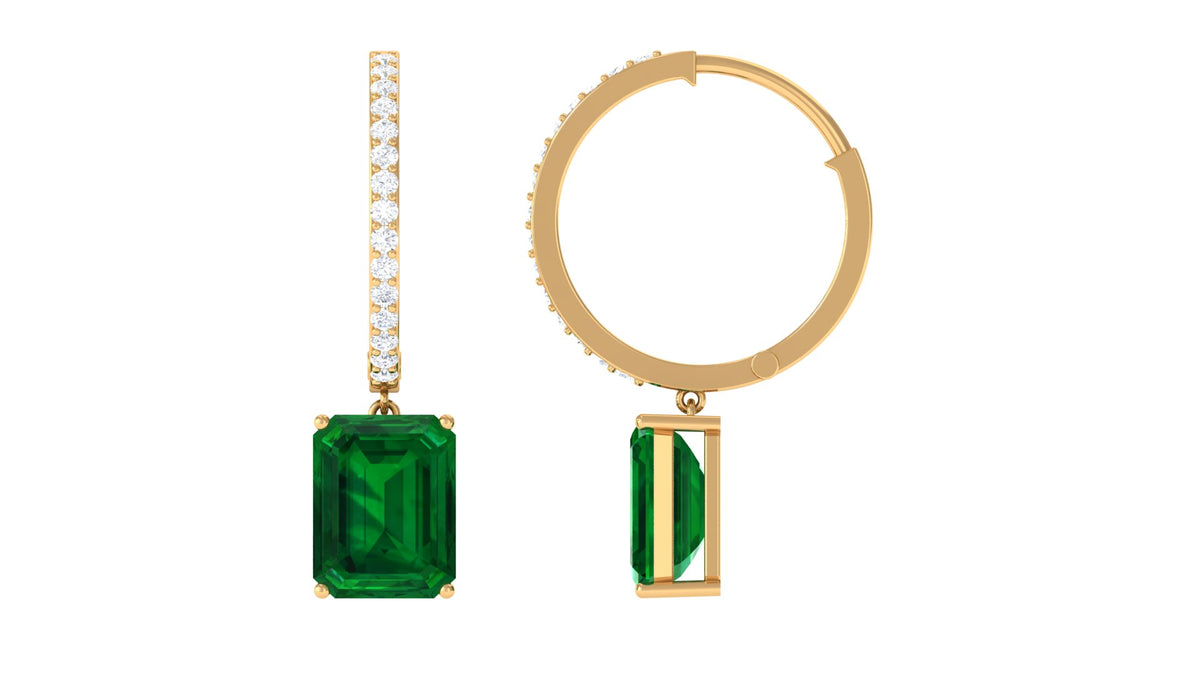 14K Yellow Gold Lab Created Emerald Drop Earrings with Diamond B1056