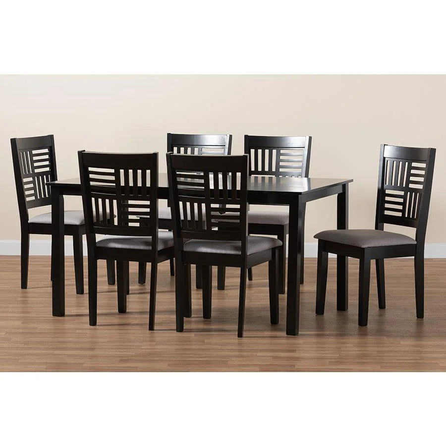 Grey Fabric and Dark Brown Wood 7-Piece Dining Set F60924