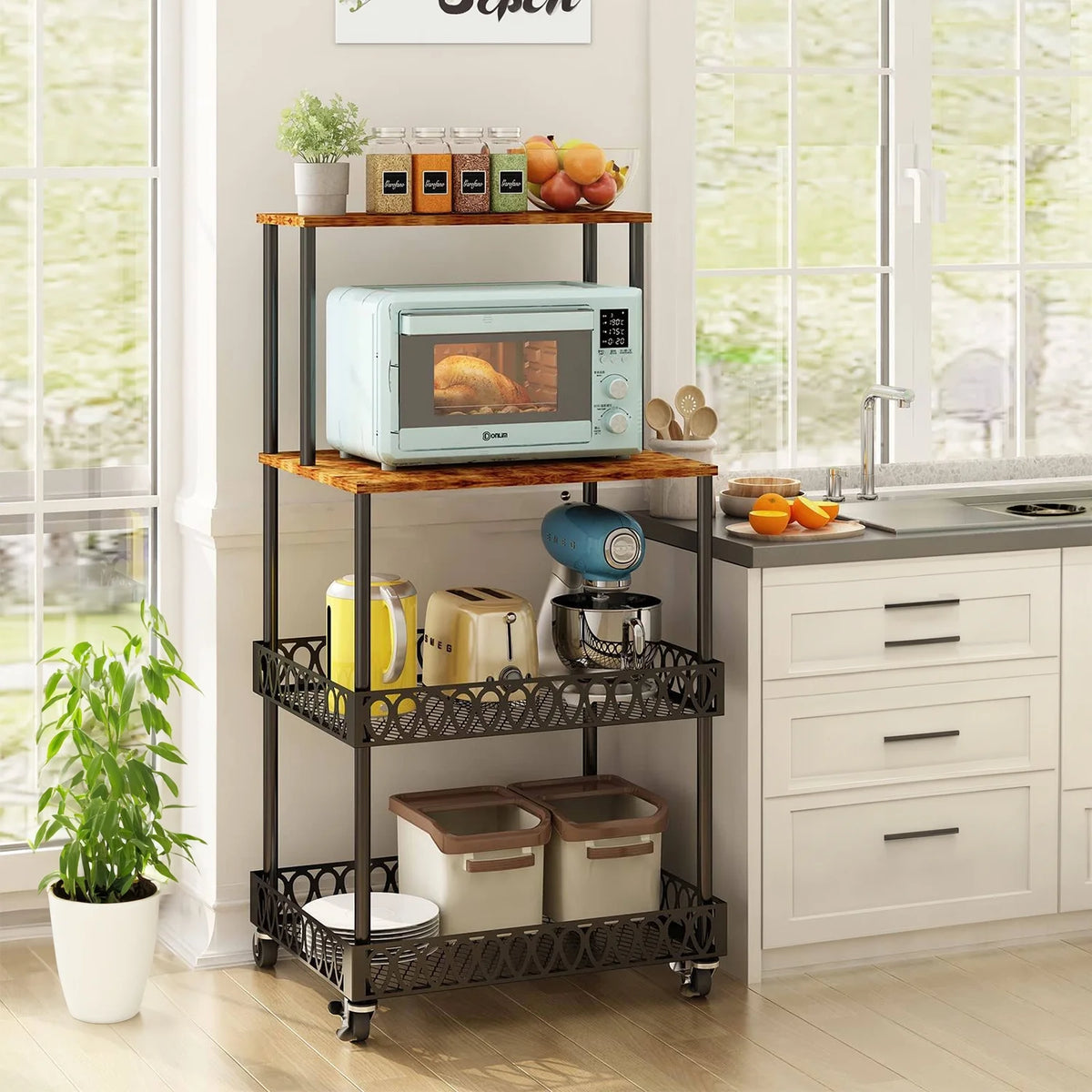 4-Tier Baker's Rack 48 inch Kitchen Storage Organizer with Metal Wheels J29898