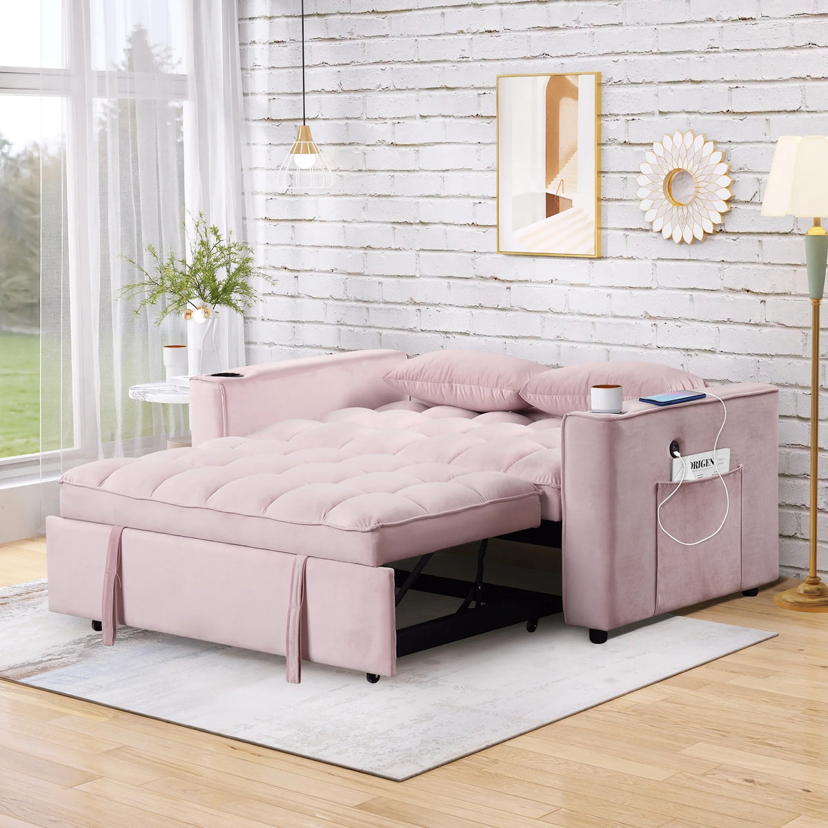 Convertible Sleeper Sofa Bed with Cup Holder and USB Charging Ports V4376