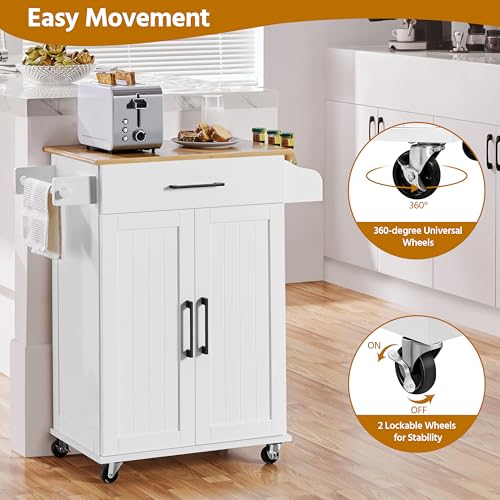 White Rolling Kitchen Cart with Bamboo Tabletop W2027