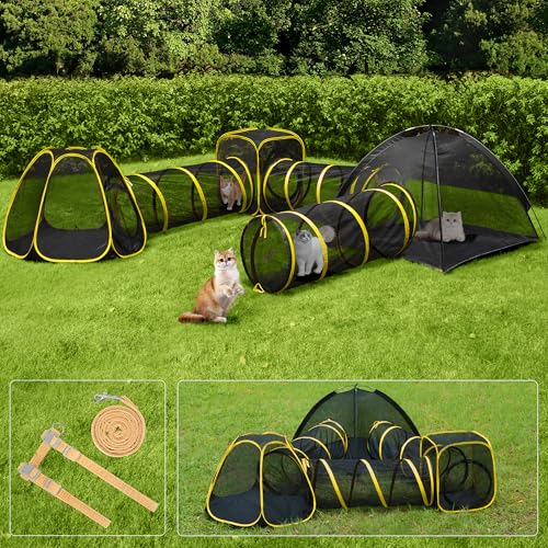 6-in-1 Outdoor Cat Enclosure with Playhouse, 2 Tents & 3 Tunnels Q4077