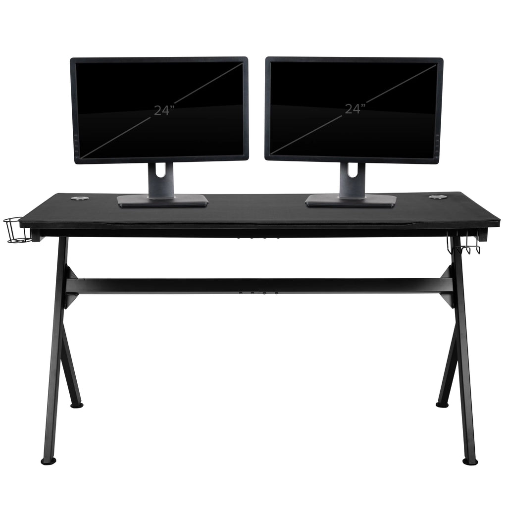 Black and White Gaming Desk with Cup and Headphone Holders K320