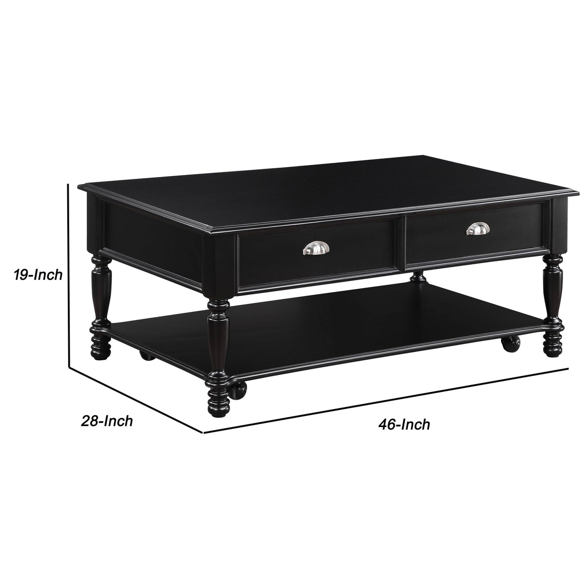 Black Wooden Lift Top Cocktail Table with Casters and Open Bottom Shelf H509603