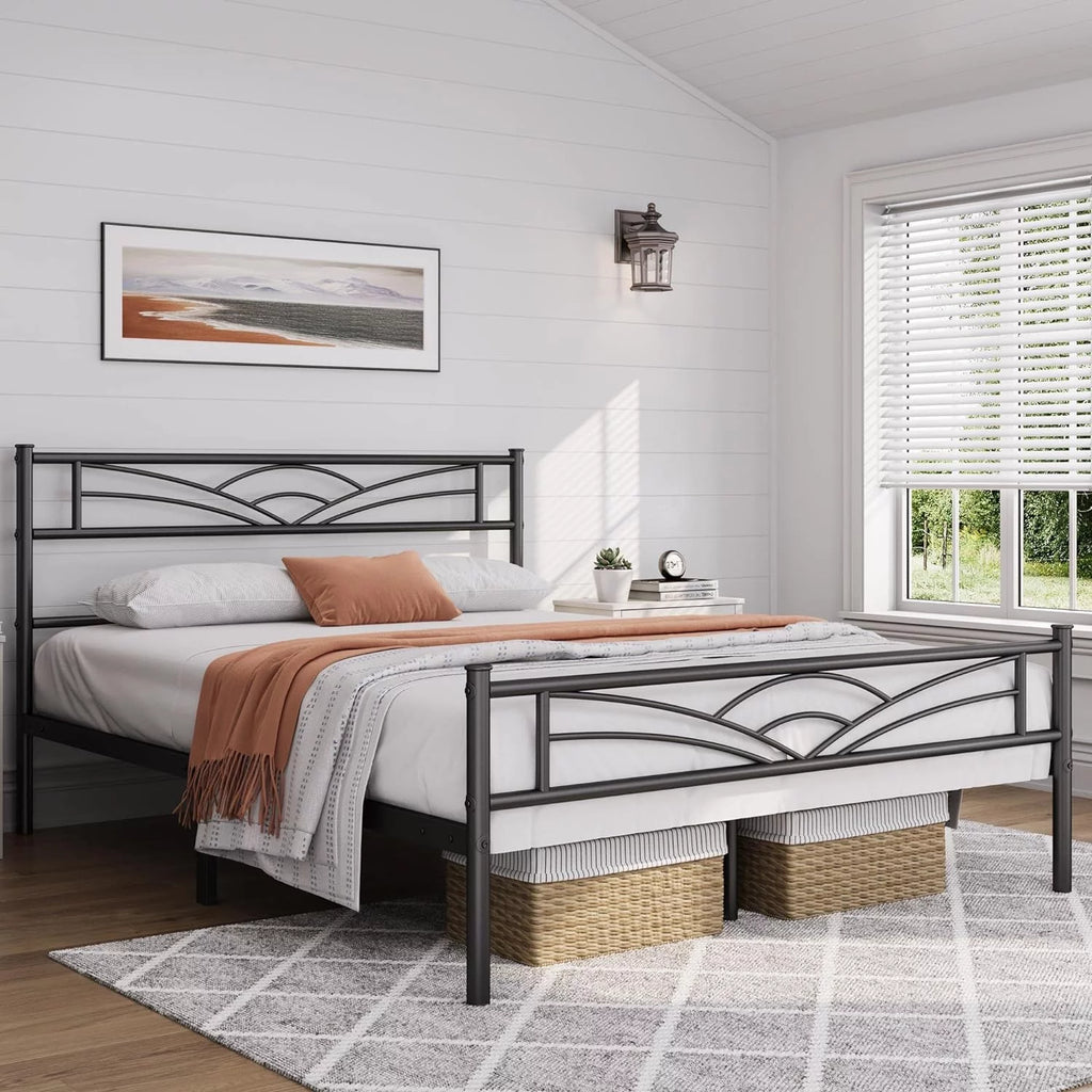 Queen Size Black Metal Platform Bed Frame with Headboard D2031