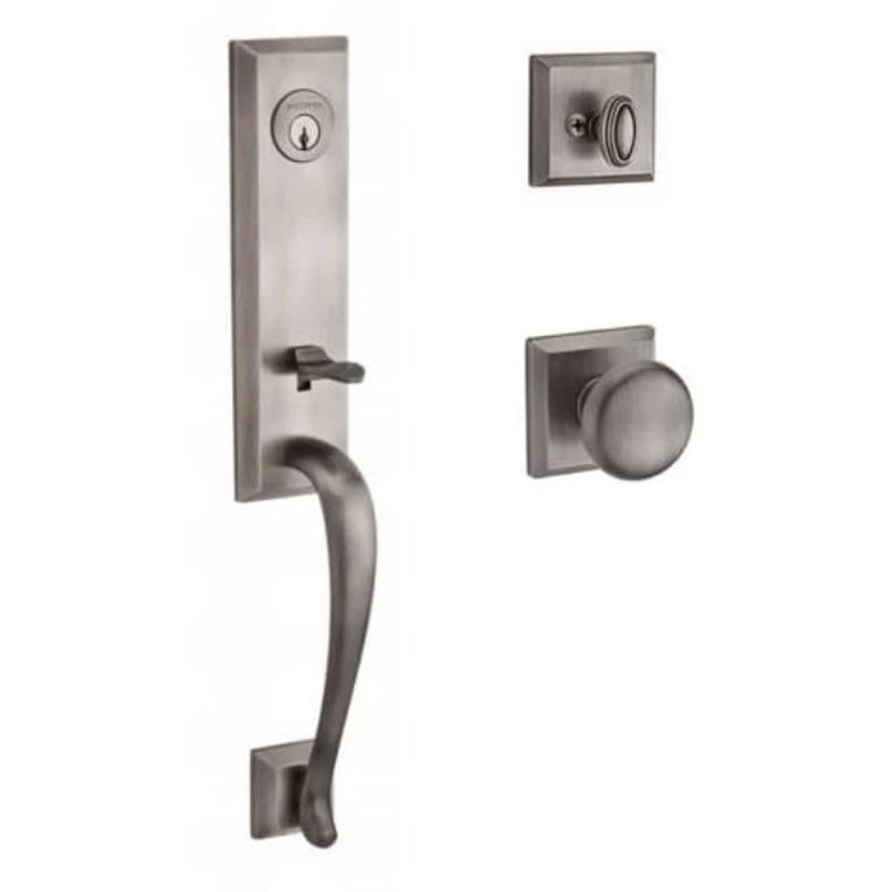 Matte Antique Nickel Single Cylinder Handleset with Round Door Knob and Square Rose B55504