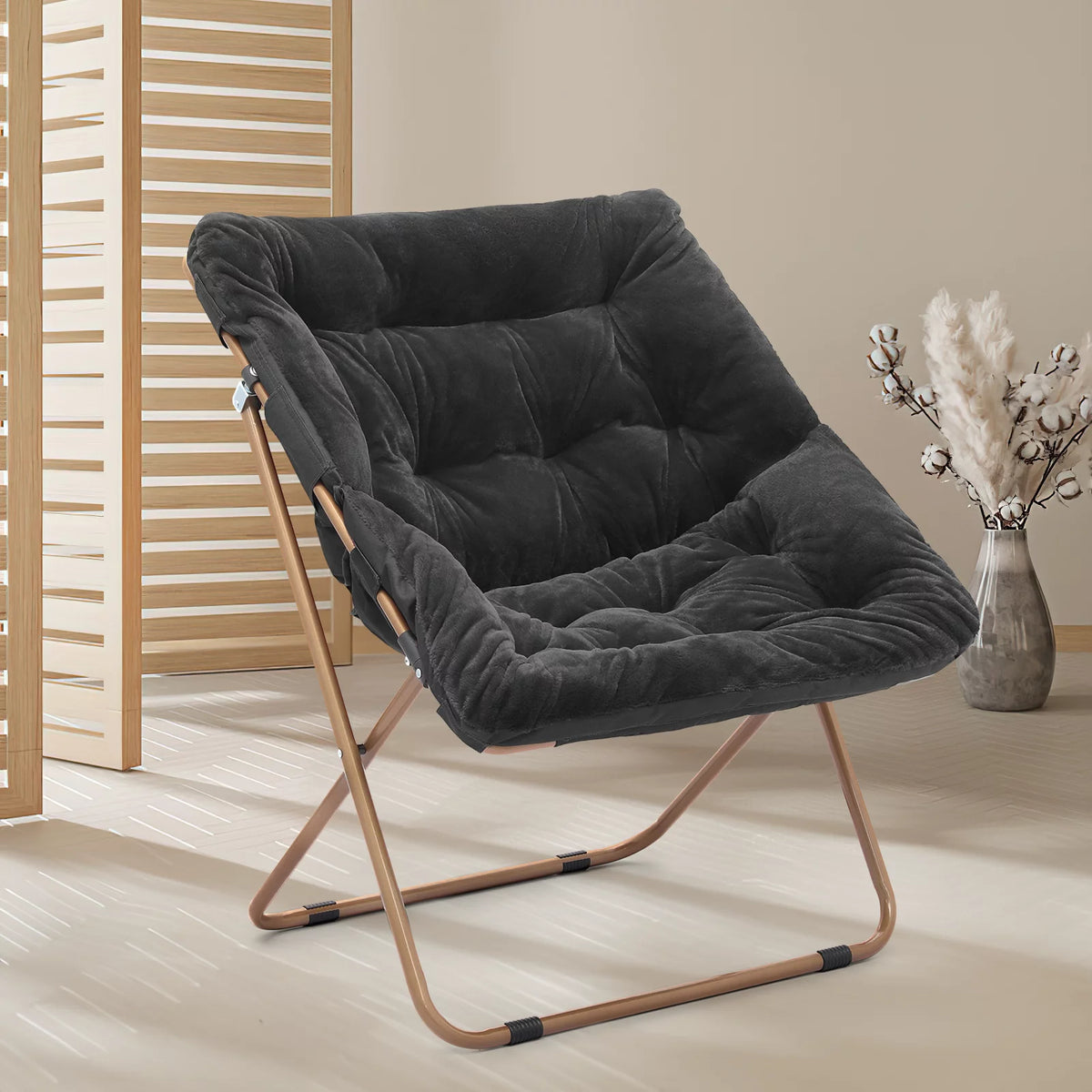 Set of 2 Black Faux Fur Folding Saucer Chair X9695