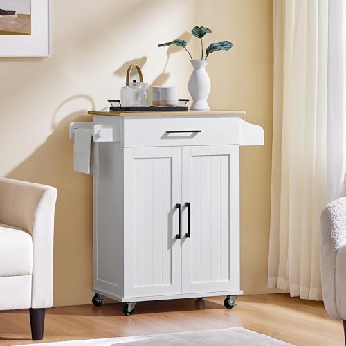 White Rolling Kitchen Cart with Bamboo Tabletop W2027