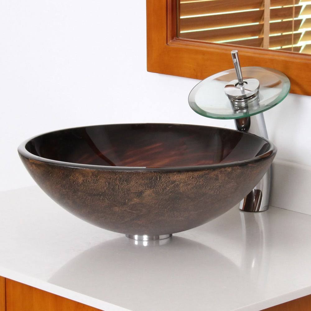 Brown Glass Bathroom Vessel Sink and Waterfall Faucet M6203