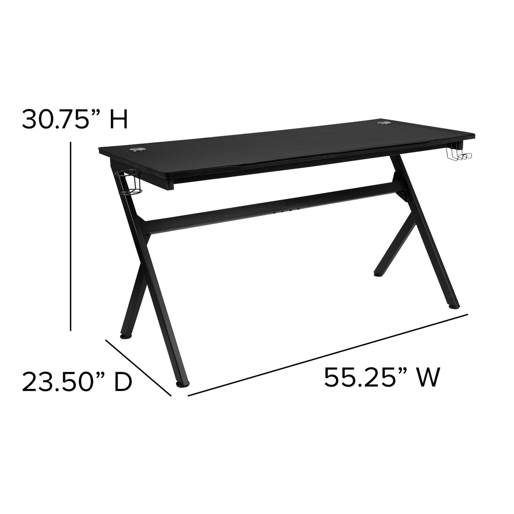Black and White Gaming Desk with Cup and Headphone Holders K320