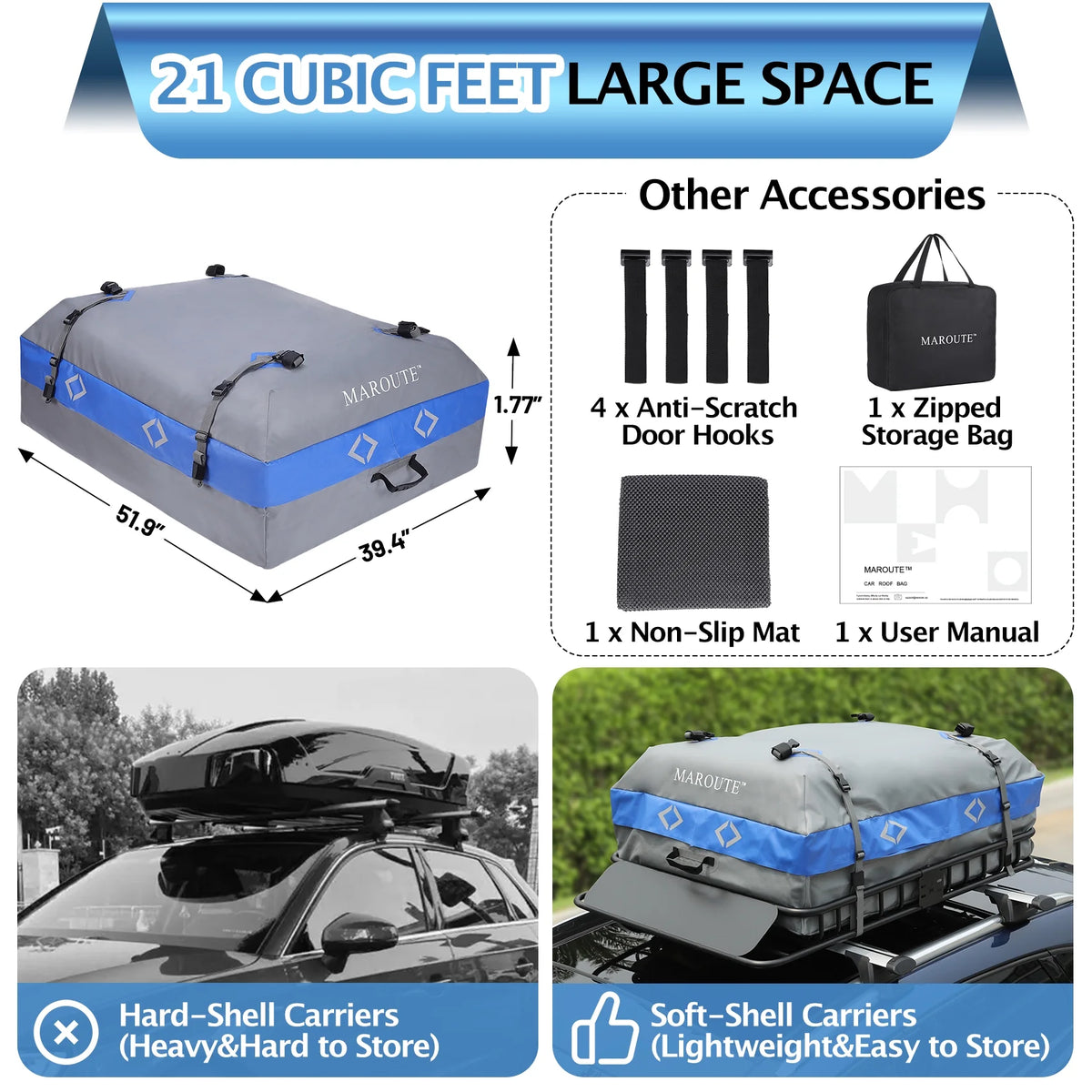 Rooftop Cargo Carrier Bag, 21 Cubic Feet Heavy Duty Waterproof Car Bag, 8 Door Hooks, Storage Bag Z265218