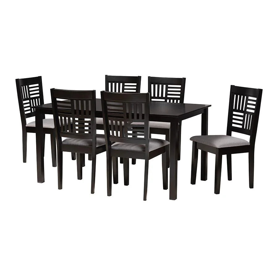Grey Fabric and Dark Brown Wood 7-Piece Dining Set F60924