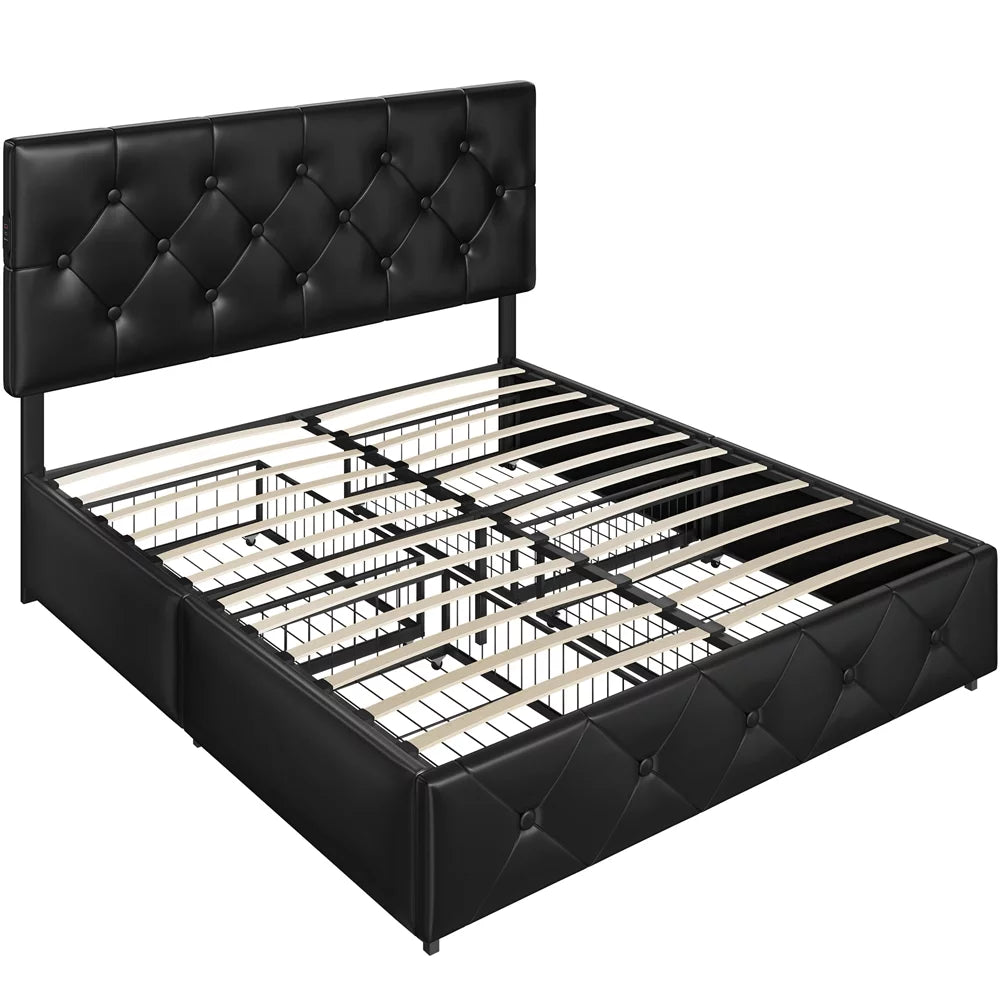 Black Upholstered Queen Bed with 4 Storage Drawers and USB Ports Q6485