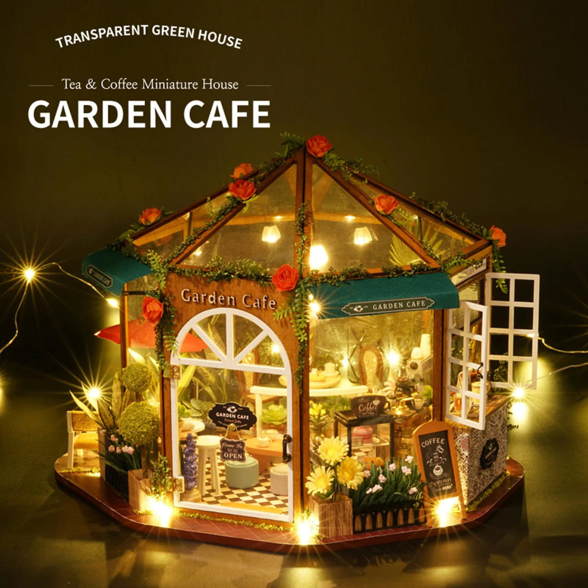 DIY Miniature Doll House Wooden Coffee Shop with Furniture LED Light K76304
