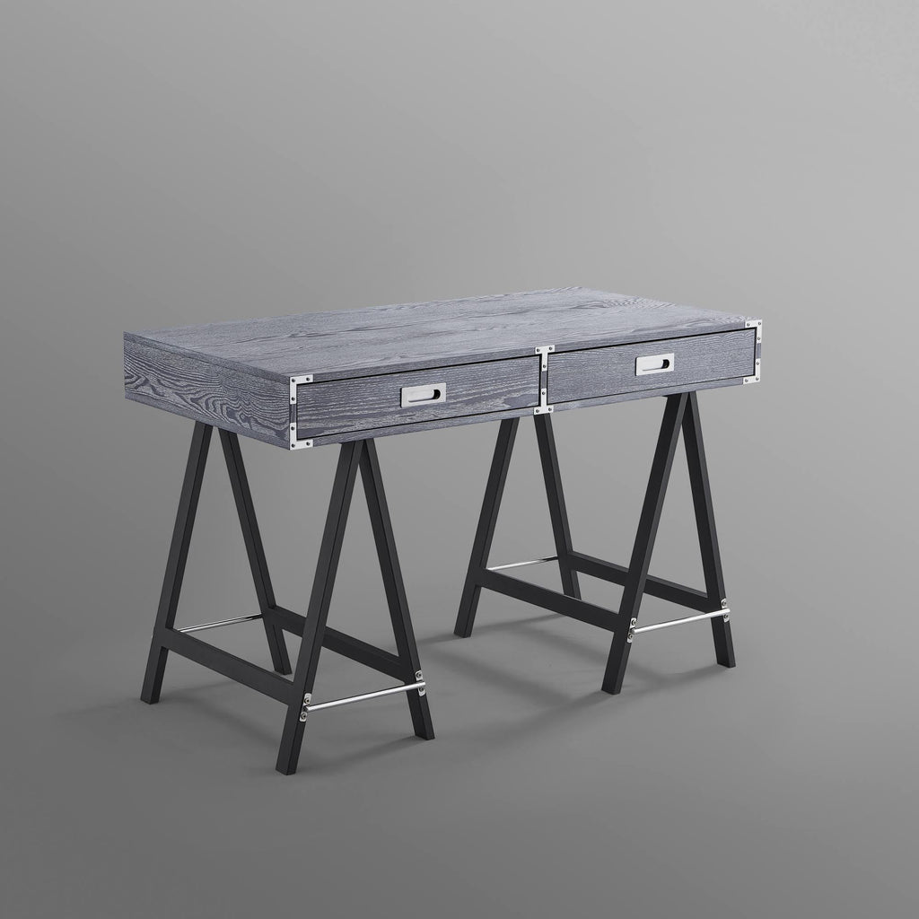 Grey Writing Desk with Oak Veneer Finish and Powder Coated Black Base O883