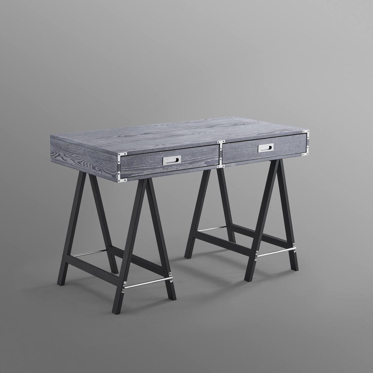 Grey Writing Desk with Oak Veneer Finish and Powder Coated Black Base O883