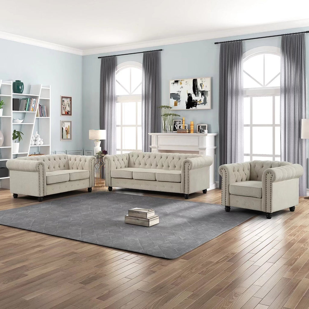 Upholstered Fabric Linen Grey Chesterfield Sofa 3 PCS M108