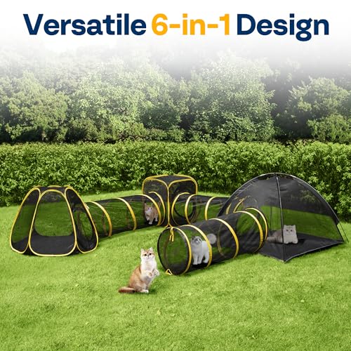6-in-1 Outdoor Cat Enclosure with Playhouse, 2 Tents & 3 Tunnels Q4077