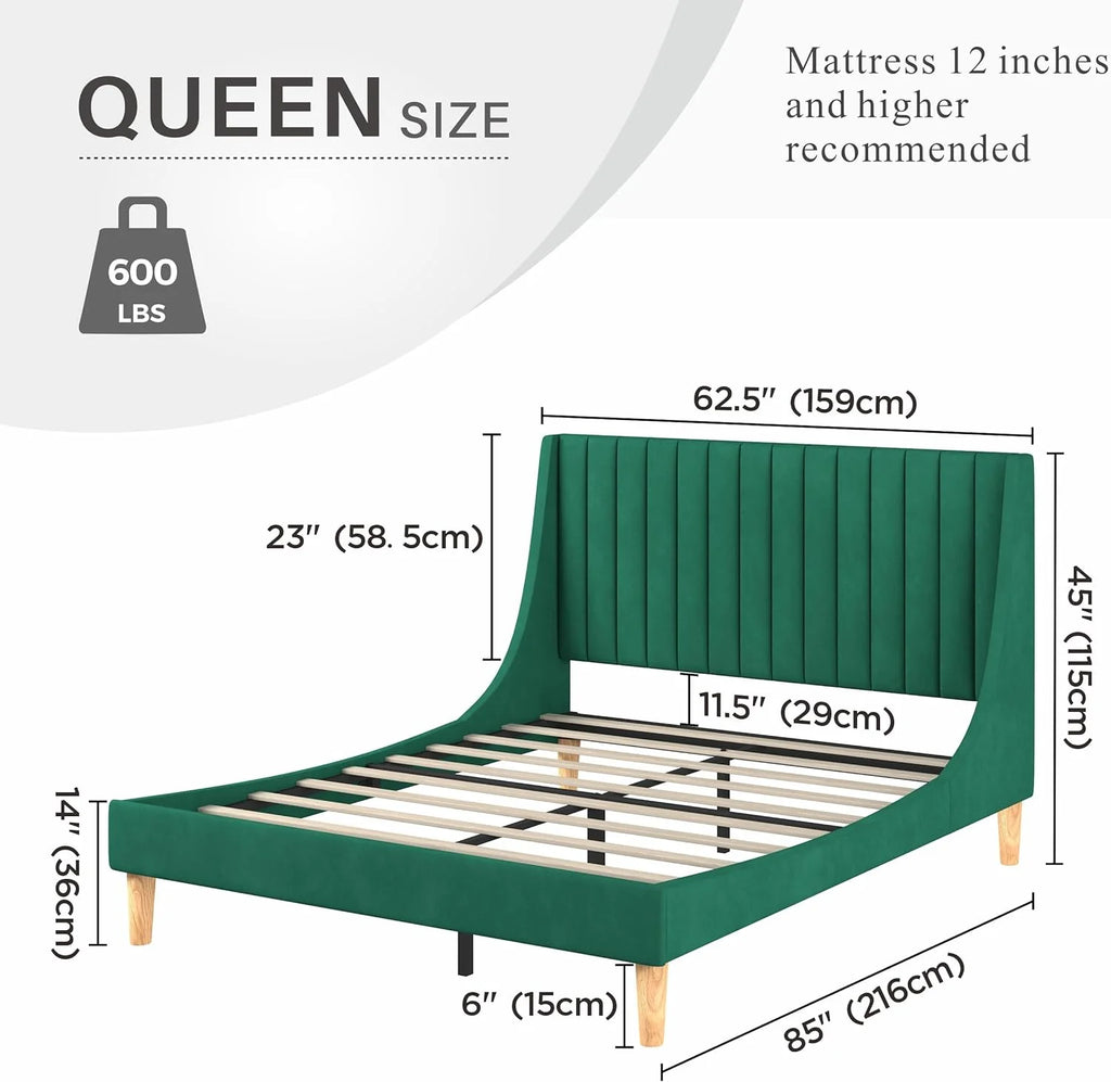 Queen Size Green Velvet Platform Bed Frame K43369