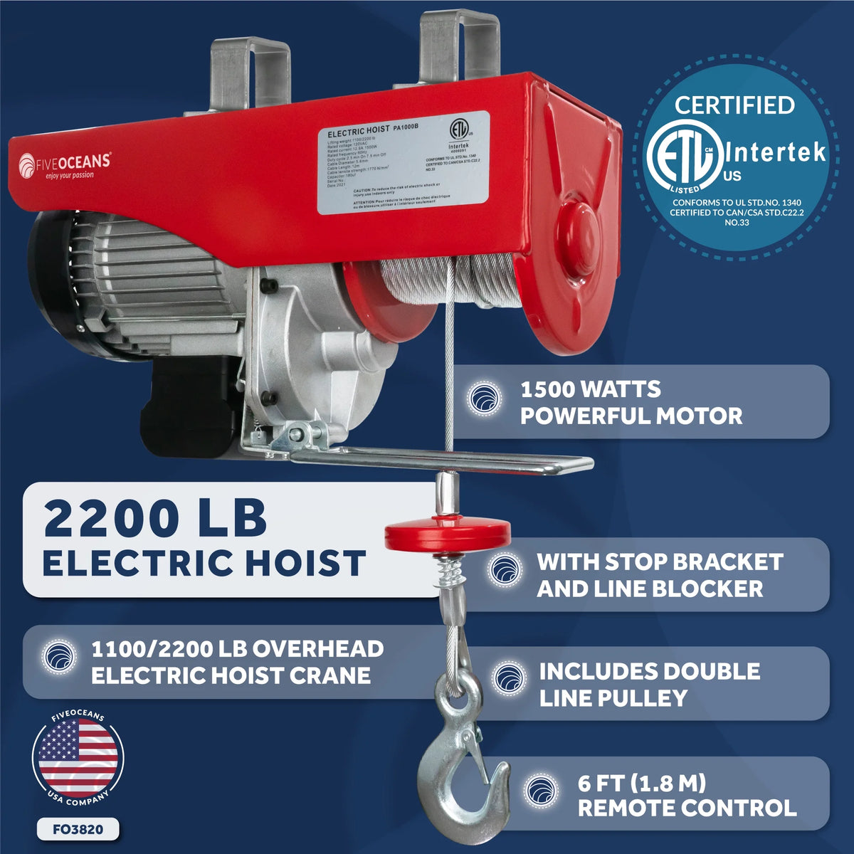 2200 Lb Electric Hoist with 6FT Remote Control C101